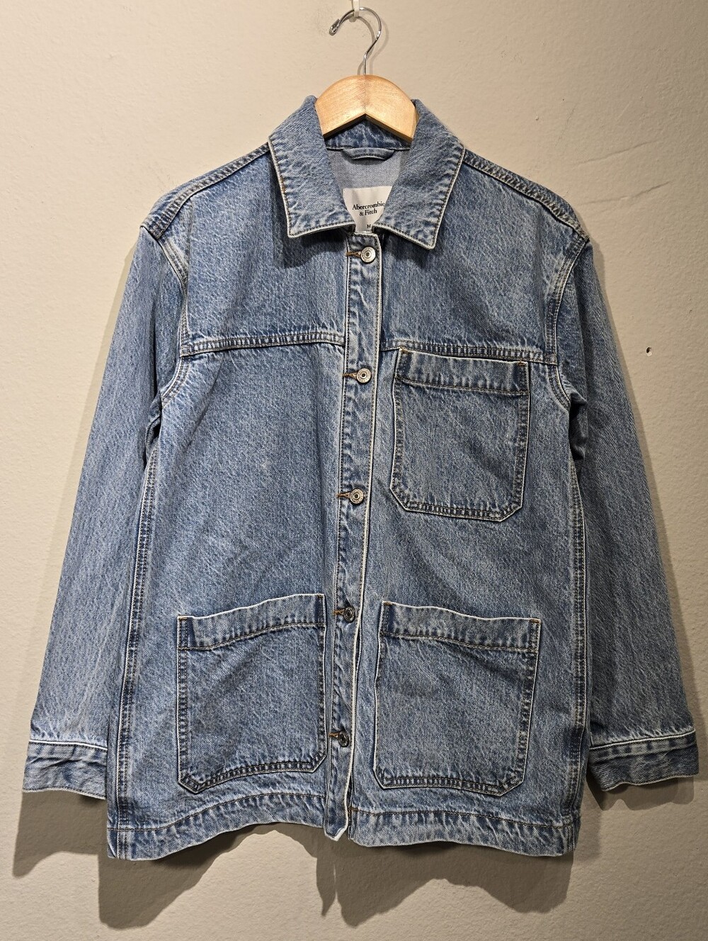 Abercrombie womens oversized chore coat barn jacket denim patch pockets Sz M